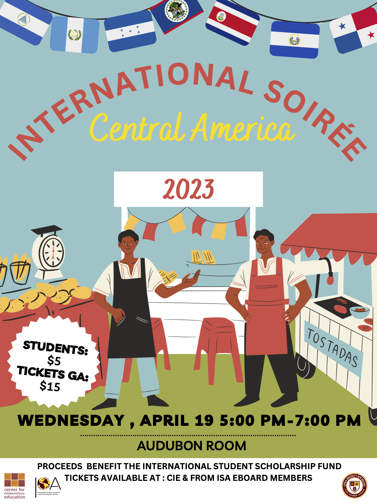 flyer for soiree with event details posted. the image generally is a cartoon rendition of two street vendors, flanked by their carts. they're selling tostadas and pupusas, along with other foodstuffs.