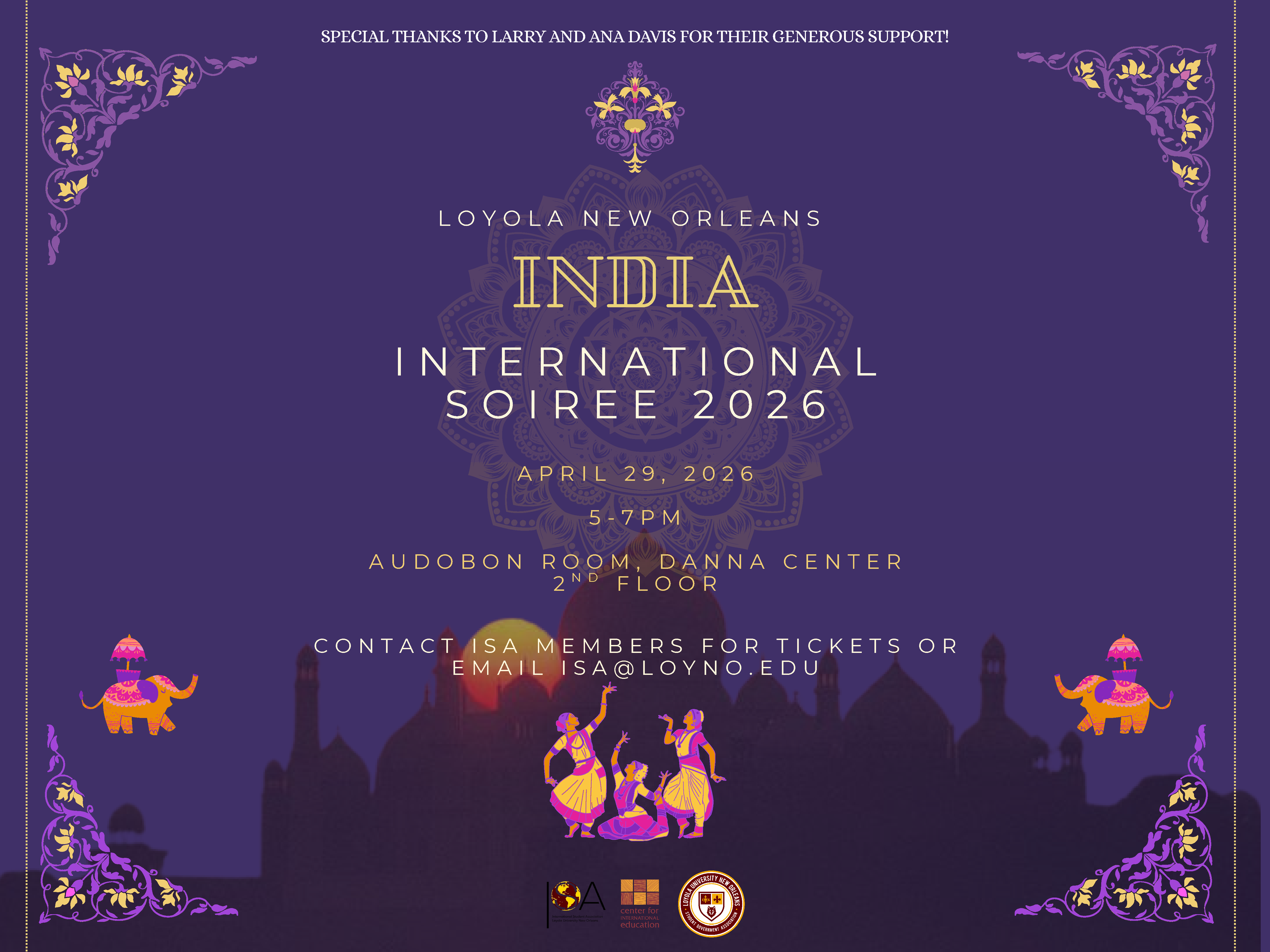 flyer for soiree. Event details are printed in gold and white text against a dark purple background. Clip art of Indian dancers, elephants, and an Indian-style palace, as well as a purple and gold floral border, decorate the poster.