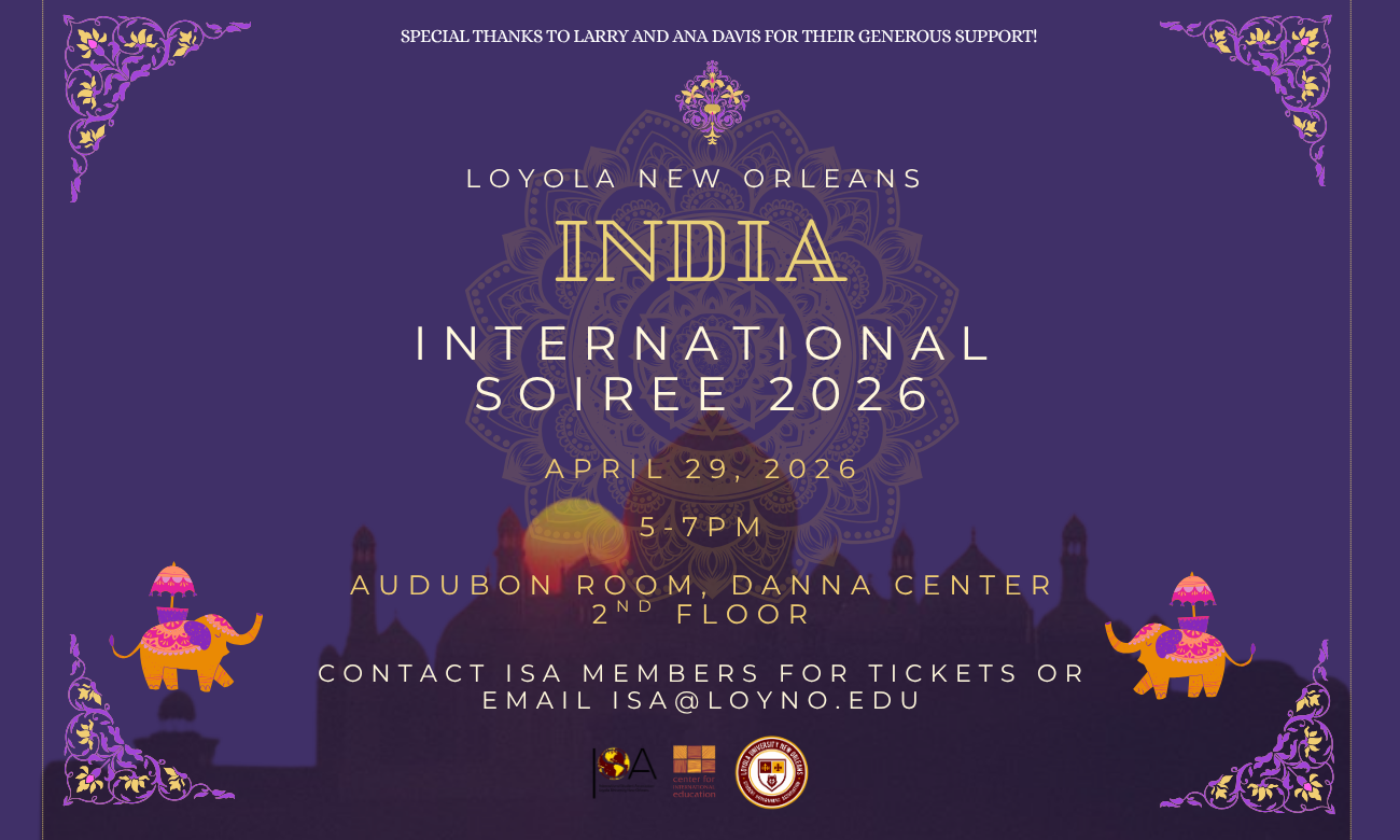 flyer for soiree. Event details are printed in gold and white text against a dark purple background. Clip art of Indian dancers, elephants, and an Indian-style palace, as well as a purple and gold floral border, decorate the poster.