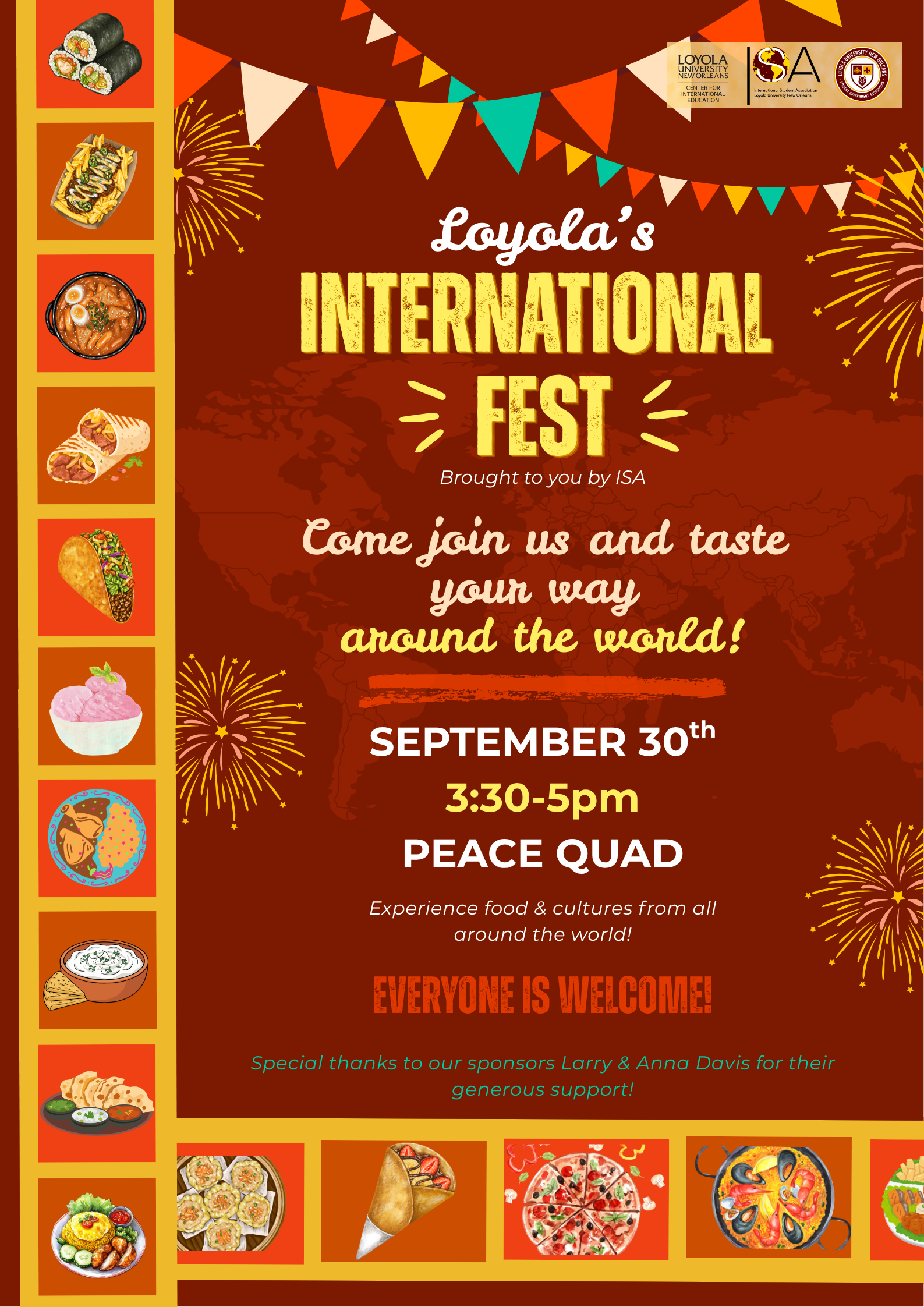 Flyer for International Festival. A dark red background with a faded map of the world, surrounded by a brightly colored border featuring foods from all around the globe. Text information for the festival's day and time is layered over the background.