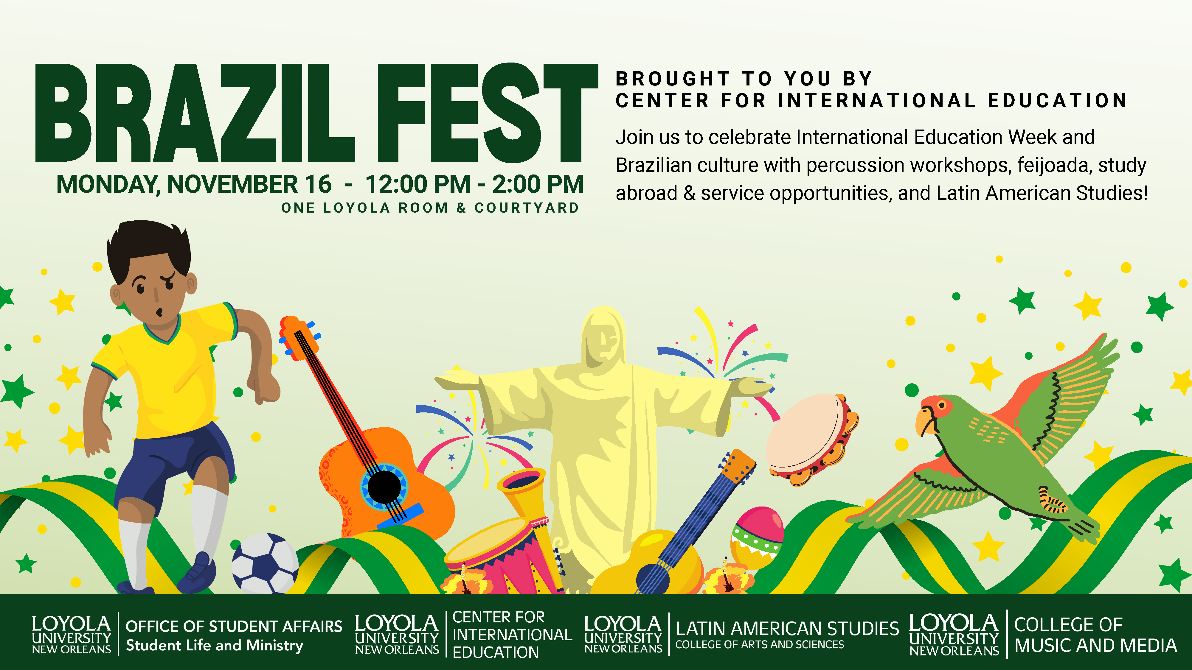 Flyer for Brazil Fest featuring clipart of a soccer player, a guitar, a parrot in flight, and the statue of Christ The Redeemer found in Rio.